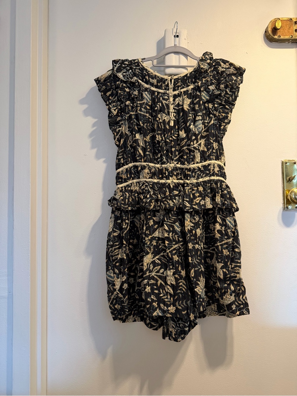 Ulla Johnson Endah Playsuit Navy Floral Ruffled Romper with Cream Trim
